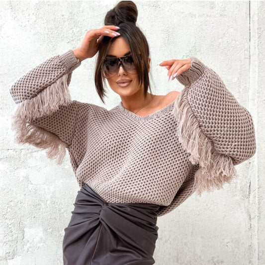 Dam Pullover Med Fransar Mjuk Akryl-1