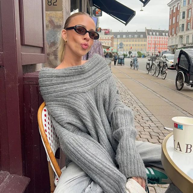 Dam Tröja Asymmetrisk Krage Ribbad Akryl 4