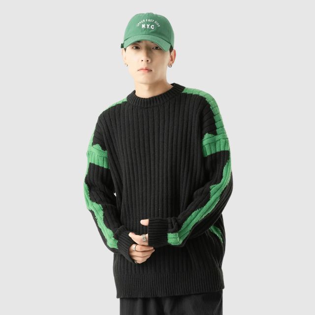 Variant image for Stickad Dam Tröja Ribbad med Hög Krage och Kontrastfärgade Ärmar-1