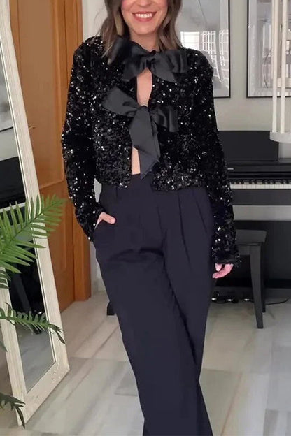 Dam Skjorta Långärmad med Paljetter och Knut Design Bomull Polyester-6