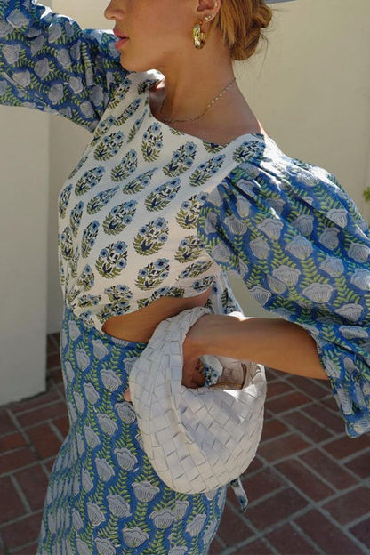 Dam Midiklänning med Lykta Ärmar och Utskärning i Ryggen i Bomull och Polyester-5