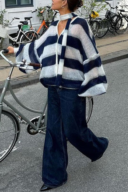 Dam Tröja med Lykta Ärmar Färgblockad Bomull och Polyester-4