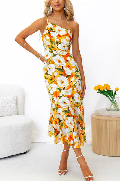 Variant image for Dam Klänning En Axel Blommig Hög Midja Sjöjungfru Bomull Polyester-5