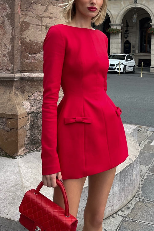 Kvinna Mini Klänning Långärmad Bågdetalj Bomull Polyester-5