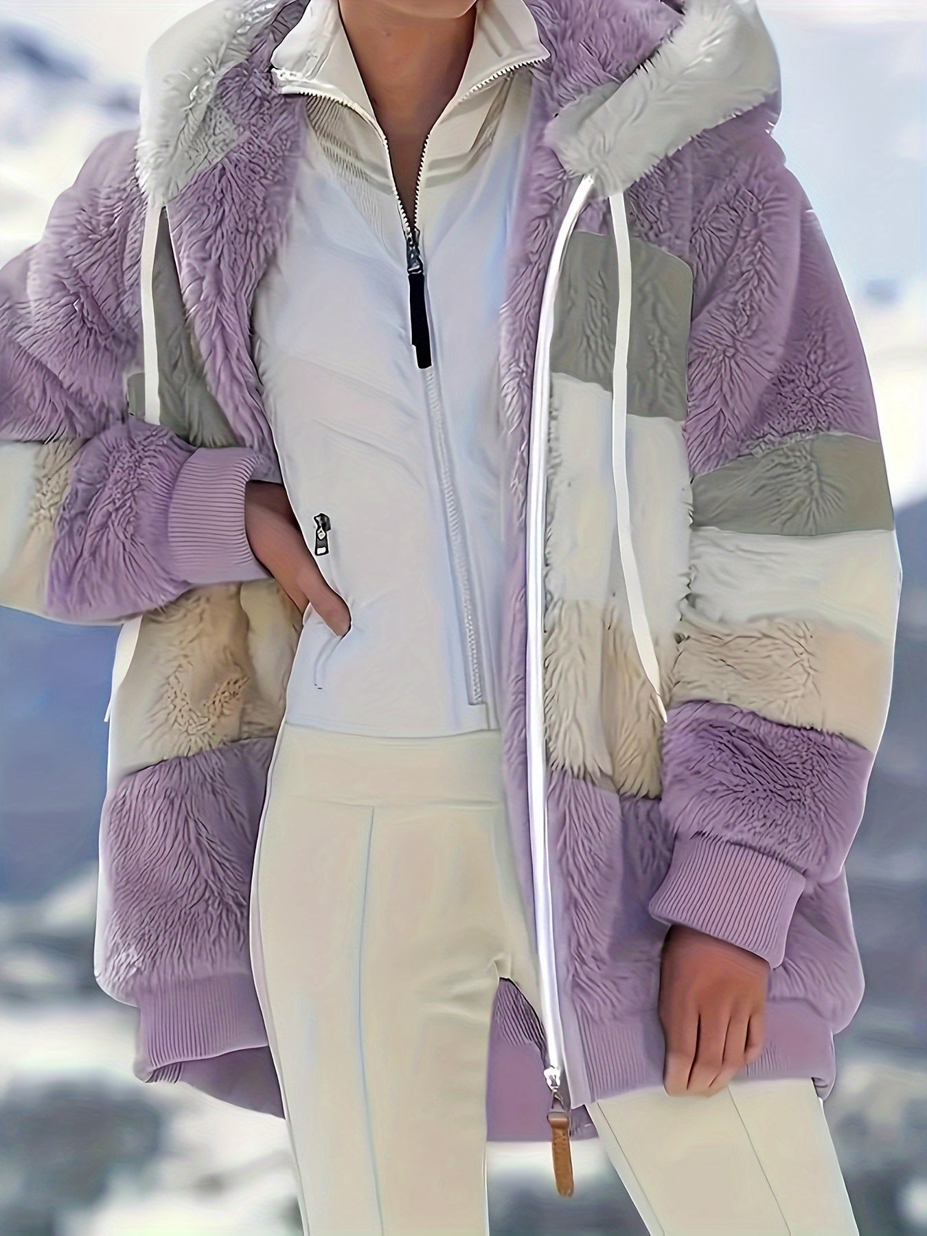 Dam Lång Teddyjacka Färgblockad Teddyfleece med Huva och Fickor 6