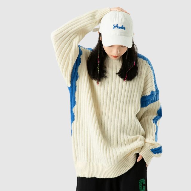 Stickad Dam Tröja Ribbad med Hög Krage och Kontrastfärgade Ärmar-4