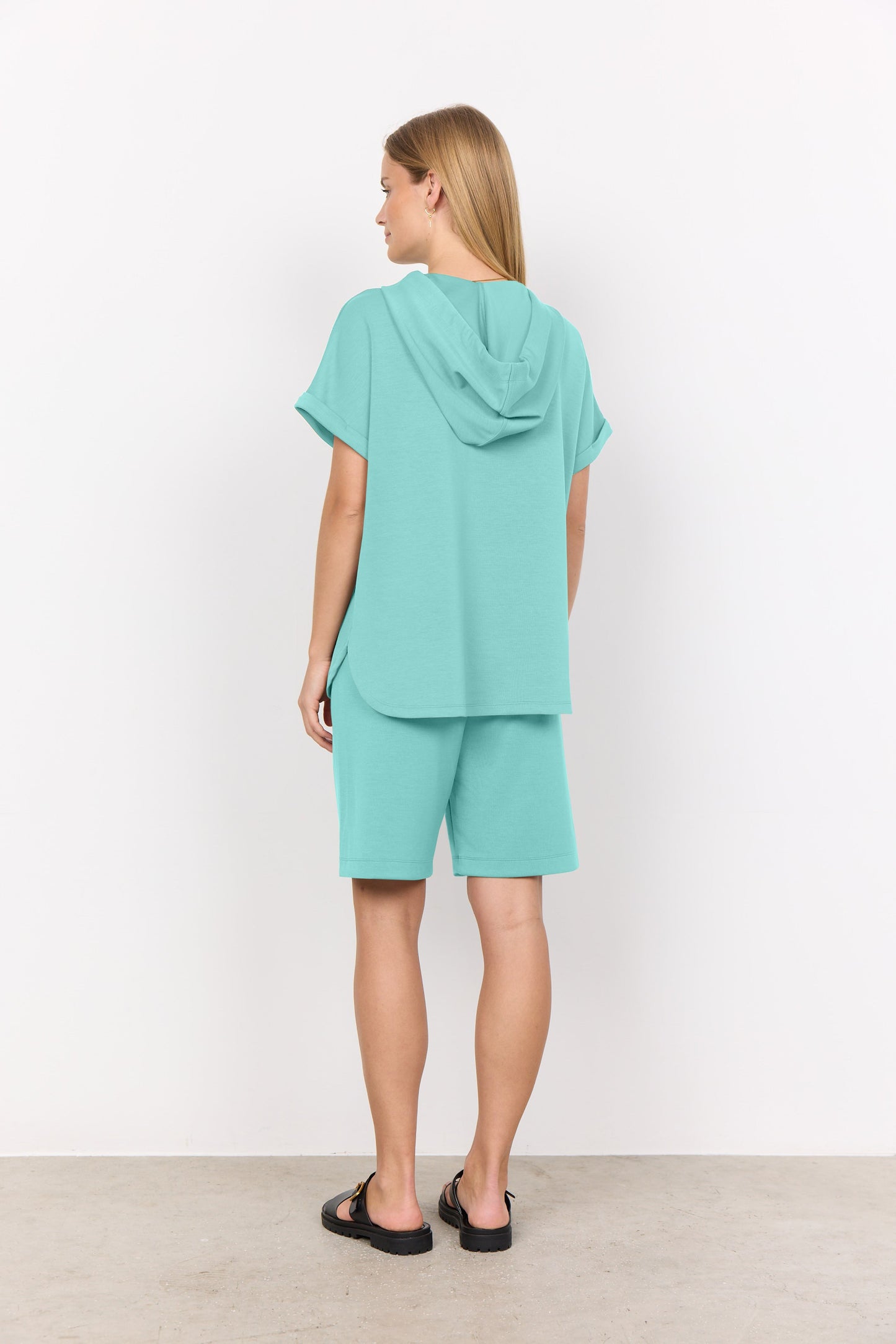 Dam Sweatshirt Lätt Huva Korta Ärmar Modal Polyester-5