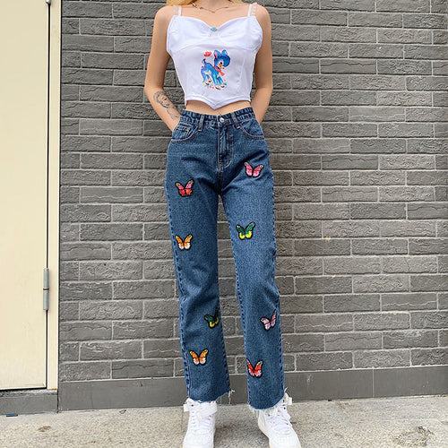 Snygga Byxor Dam Rakt Snitt Hög Midja Denim med Broderi-1