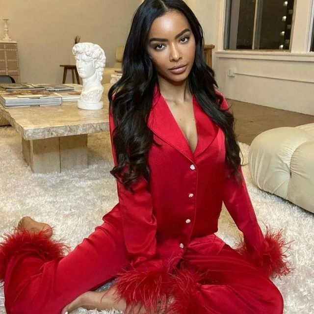 Dam Pyjamas Set Satin med Fjäderdetaljer Elegant Komfort-6