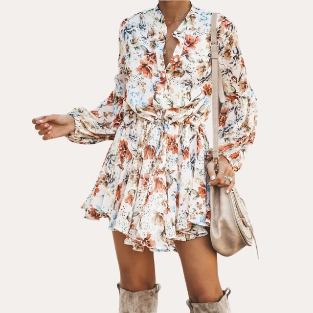 Dam Klänning Blommönster Chiffon med Stand-Up Krage-2