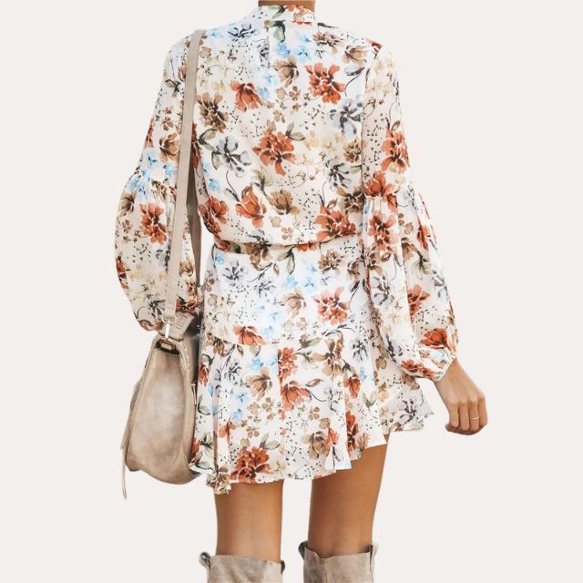 Dam Klänning Blommönster Chiffon med Stand-Up Krage-5