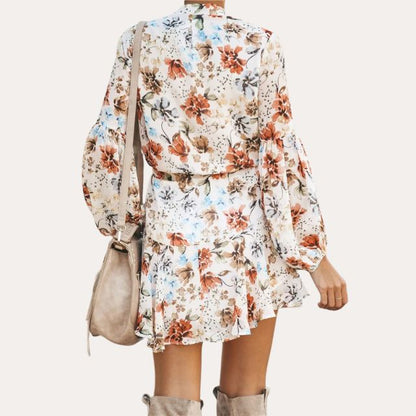 Dam Klänning Blommönster Chiffon med Stand-Up Krage-5