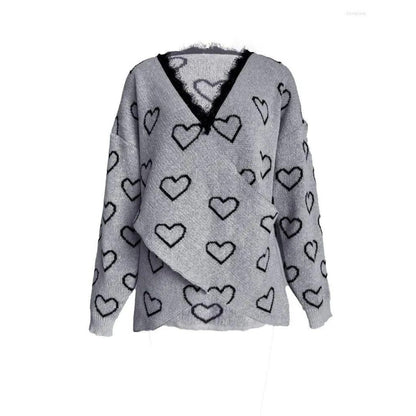 Stickad Dam Tröja med Hjärtmönster och Spetsdetaljer, Långärmad Akryl-4