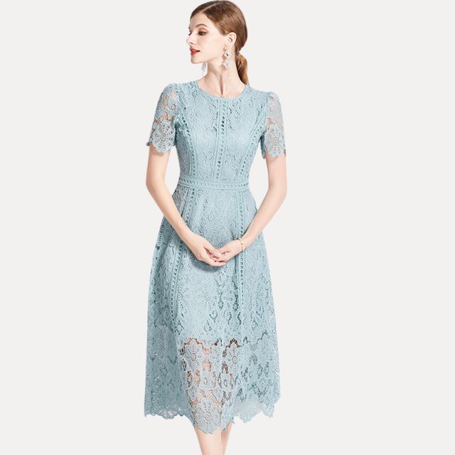 Kvinna Midi Klänning med Toppdetaljer i Högkvalitativ Spets-4