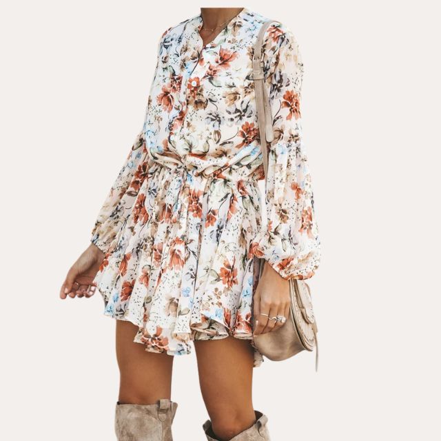 Dam Klänning Blommönster Chiffon med Stand-Up Krage-3