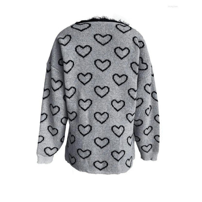 Stickad Dam Tröja med Hjärtmönster och Spetsdetaljer, Långärmad Akryl-6