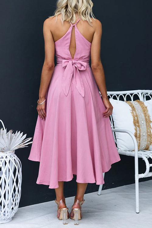 Kvinnors Midi Klänning V-ringning Bomull Polyester Med Bindning 3