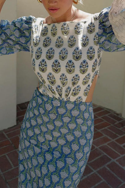 Dam Midiklänning med Lykta Ärmar och Utskärning i Ryggen i Bomull och Polyester-6