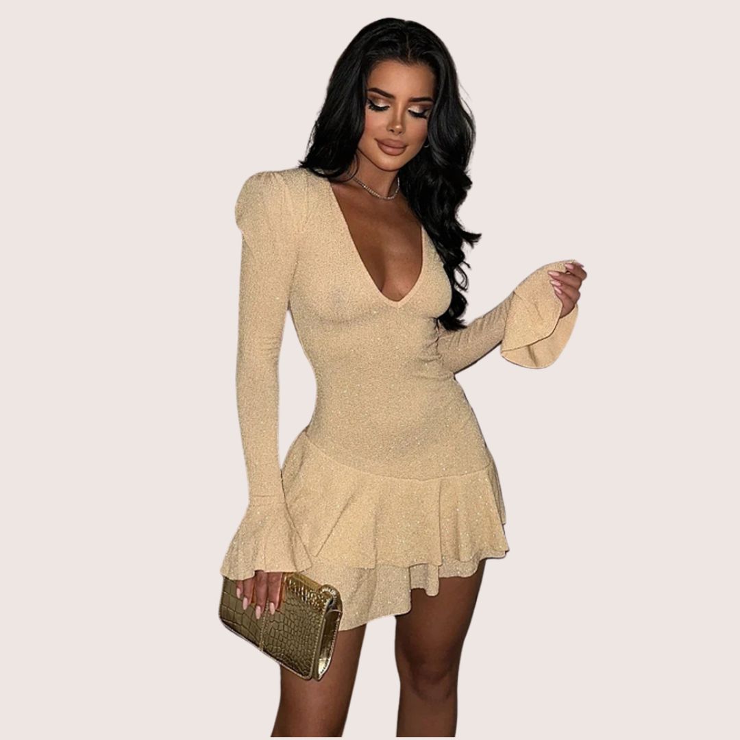 Kvinnors Glittrig Miniklänning Djup V-ringning Ruffles Stretchigt Tyg-2