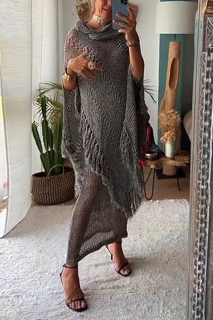 Dam Poncho Tröja Oregelbunden Fransad Bomull Polyester-3