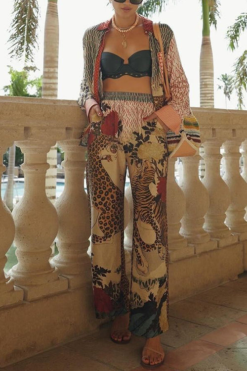 Dam Långärmad Skjorta och Bredbyxor i Leopardmönster, Sommarkläder, Bomull och Polyester-1