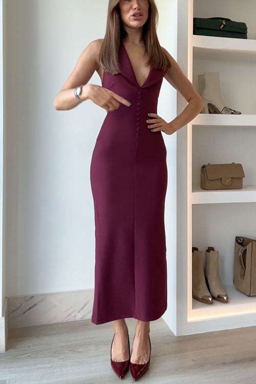 Kvinnors Midi Klänning V-ringning Knappdetaljer Bomull Polyester-3