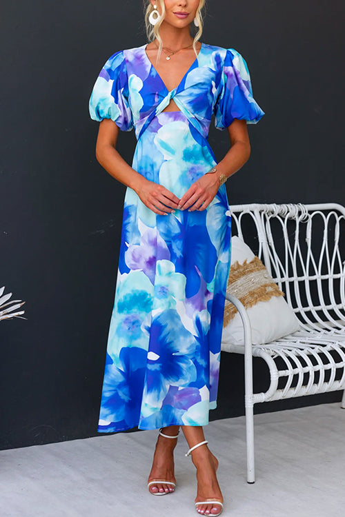 Variant image for Kvinna Midi Klänning V-ringning Twist Front Blommönster Bomull Polyester-1