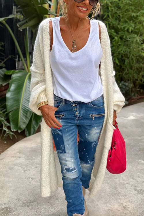 Dam Lång Kofta Öppen Front Mönstrad Bomull Polyester-6