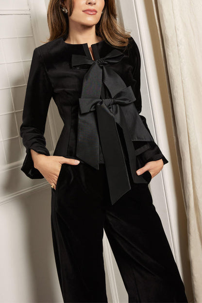 Variant image for Festtoppar Dam Långärmad Topp med Knut Detalj i Sammet-1