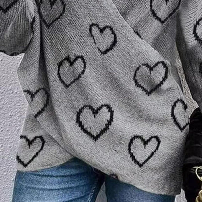 Stickad Dam Tröja med Hjärtmönster och Spetsdetaljer, Långärmad Akryl-3