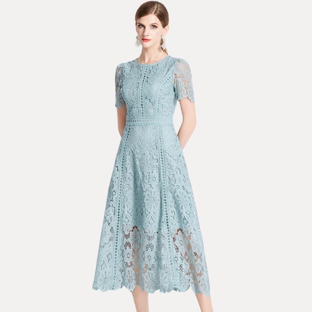 Kvinna Midi Klänning med Toppdetaljer i Högkvalitativ Spets-3