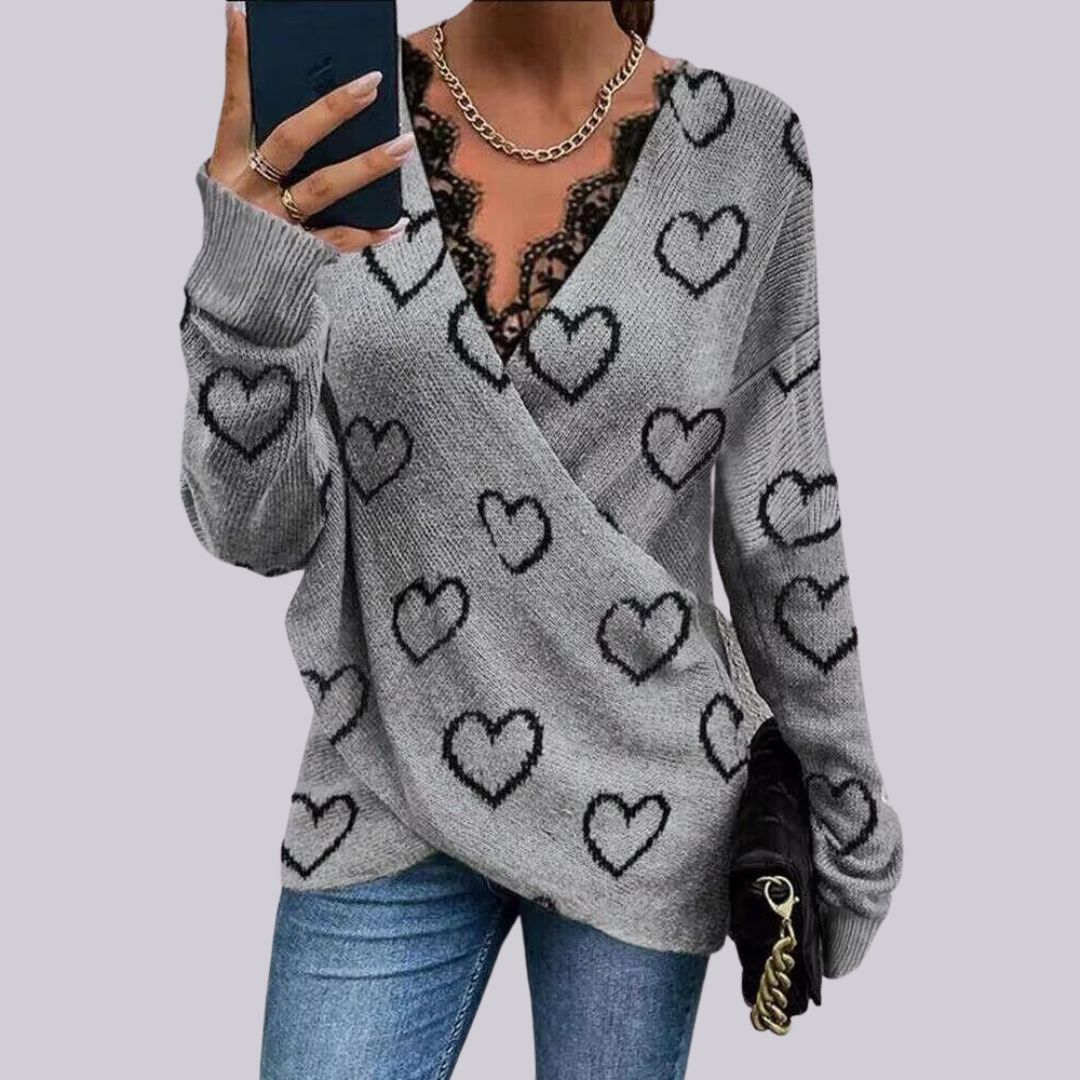 Stickad Dam Tröja med Hjärtmönster och Spetsdetaljer, Långärmad Akryl-1