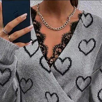 Stickad Dam Tröja med Hjärtmönster och Spetsdetaljer, Långärmad Akryl-2