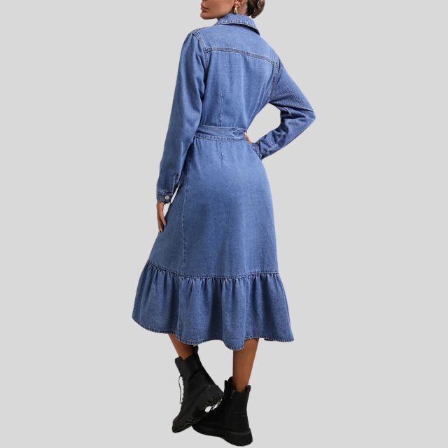Midiklänning Dam i Jeans Skjorta Snitt med Ruffle-Nederkant – Tidlös och Feminin i Bomull 5