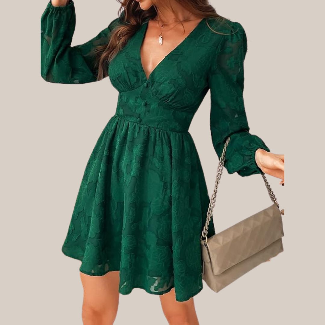 Variant image for Kvinnors Långärmad Klänning Djup V-hals Blommönster Högkvalitativt Tyg-1