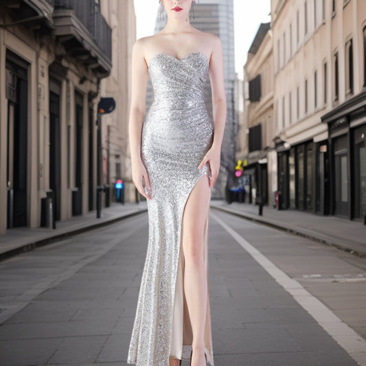 Dam Aftonklänning Lång Glänsande Design Högkvalitativa Tyger-1