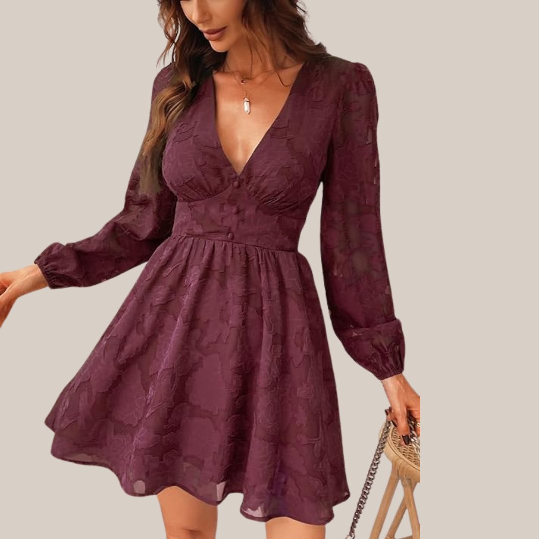 Variant image for Kvinnors Långärmad Klänning Djup V-hals Blommönster Högkvalitativt Tyg-17