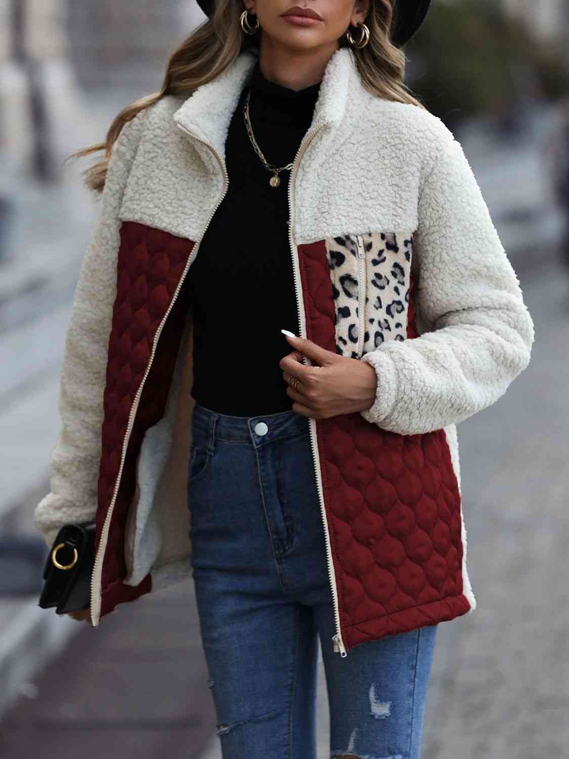 Vårjacka Dam Färgblock Leopardmönster Polyester Zip Jacka-6