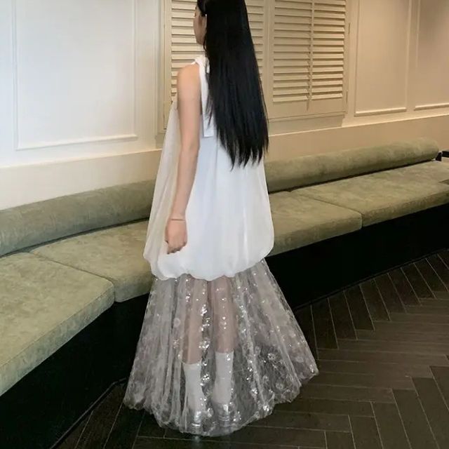 Damklänning Lång Ärmlös Tyll Lapptäckdesign Elegant-4