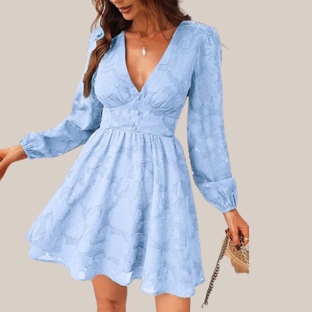 Variant image for Kvinnors Långärmad Klänning Djup V-hals Blommönster Högkvalitativt Tyg-25