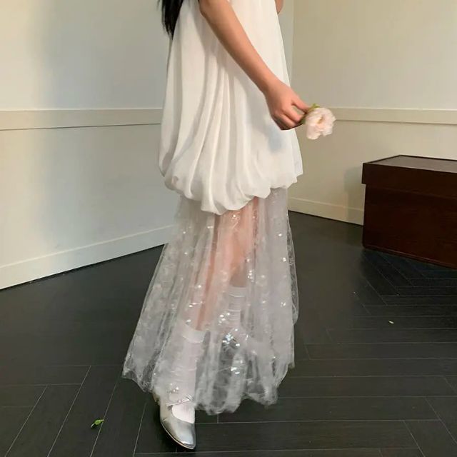 Damklänning Lång Ärmlös Tyll Lapptäckdesign Elegant-5