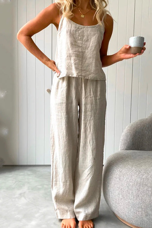Variant image for Dam Loungewear Set Avslappnad Cami Top och Vida Byxor i Bomull och Linne-1