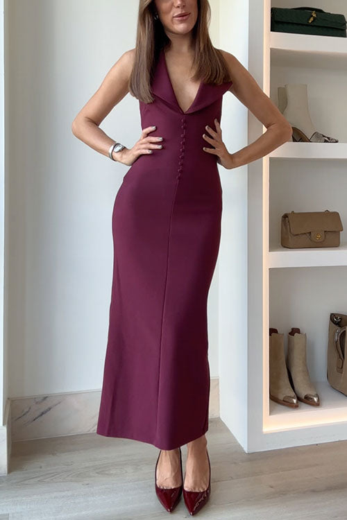 Kvinnors Midi Klänning V-ringning Knappdetaljer Bomull Polyester-4
