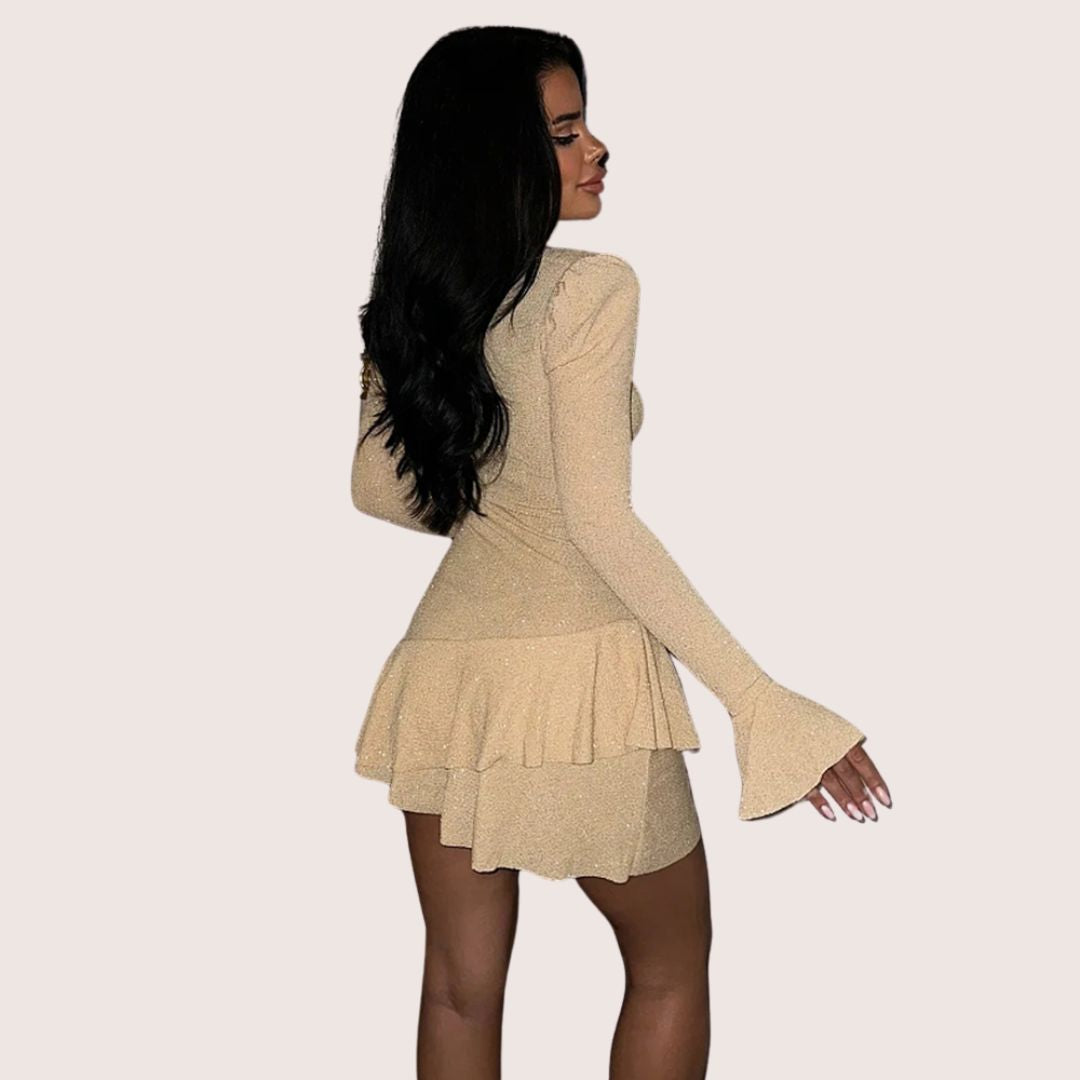 Kvinnors Glittrig Miniklänning Djup V-ringning Ruffles Stretchigt Tyg-3