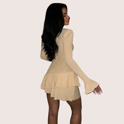 Kvinnors Glittrig Miniklänning Djup V-ringning Ruffles Stretchigt Tyg-3