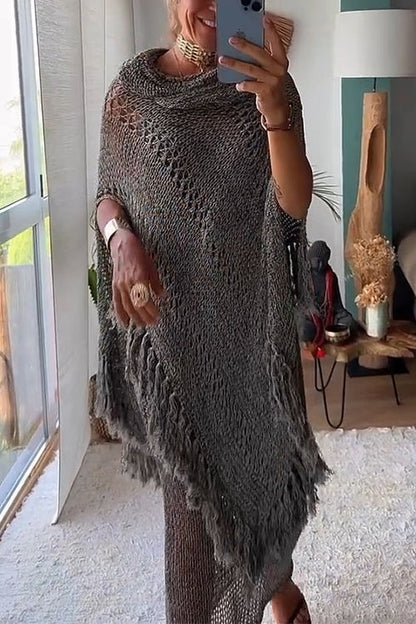 Dam Poncho Tröja Oregelbunden Fransad Bomull Polyester-4