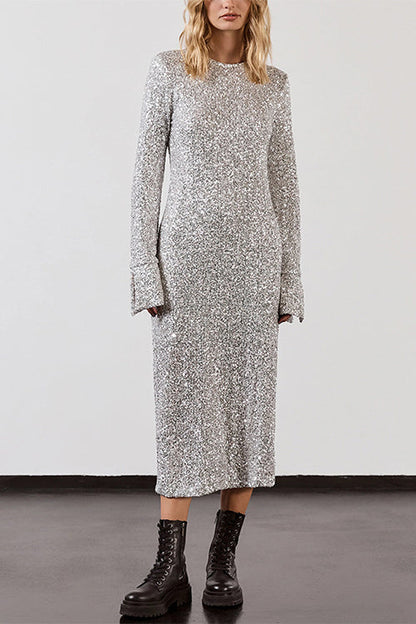 Kvinnors Midi Klänning Långa Ärmar Paljetter Bomull Polyester-4