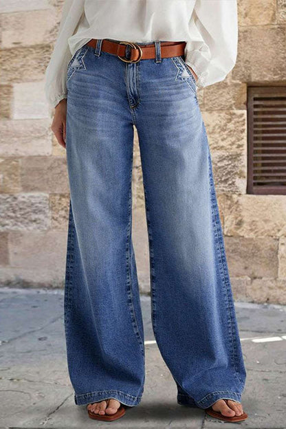 Dam Jeans Avslappnade Bred Ben Förstörda Detaljer Bomullsblandning-1