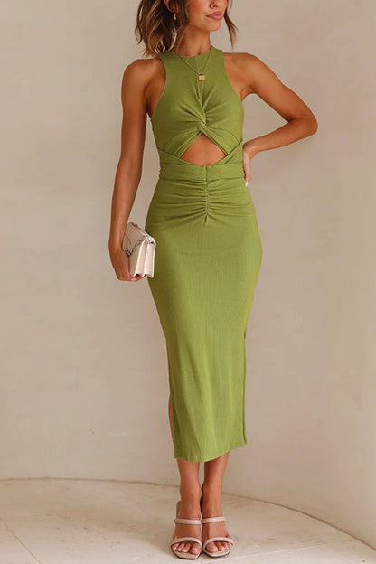 Dam Bodycon Klänning Twist Front och Sidoklyv i Mjuk Bomullsblandning-3