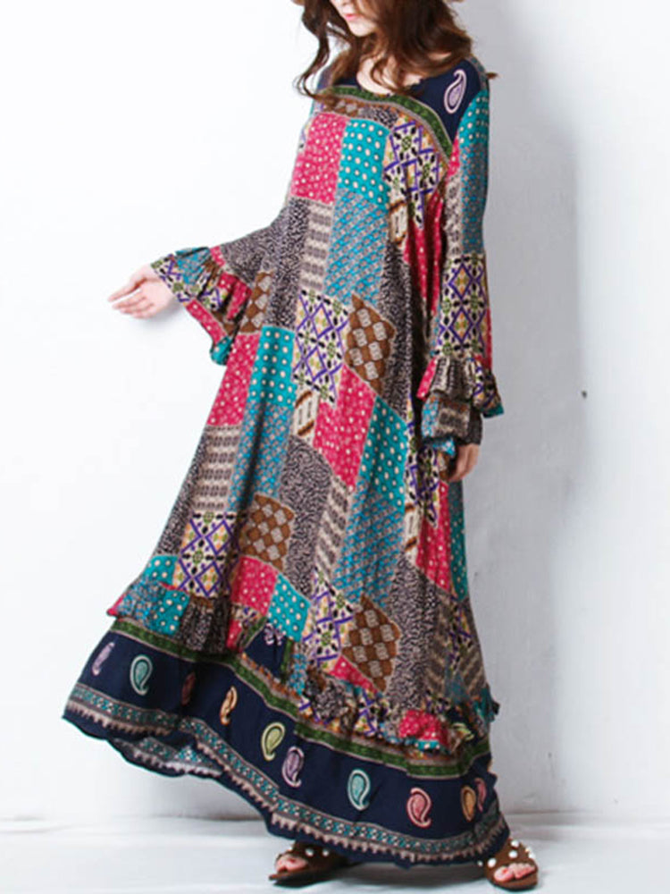 Maxiklänning Dam Boho Patchwork Design 100% Bomull Korta Ärmar 6